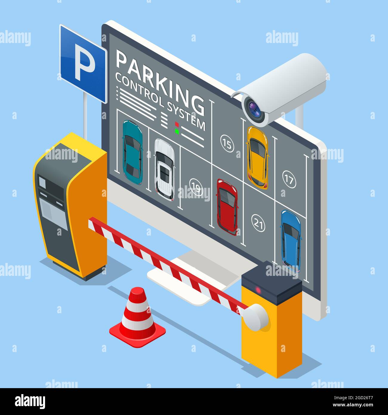 Isometric parking lot displayed on screen. Car park location. Online searching free parking place on the map. GPS Navigation. Smart parking concept Stock Vector
