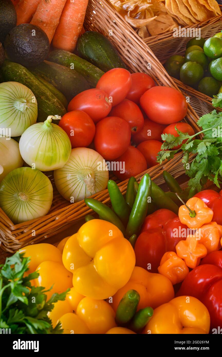 Fresh vegetables for cooking demonstration by Chef Betty Vázquez at the Marival Armony Resort, Punta de Mita, Riviera Nayarit coast of Mexico. Stock Photo