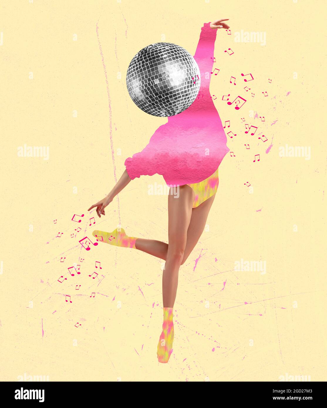 Surrealism. Young female dancing ballerina headed with disco ball in  colored retro style clothes Stock Photo - Alamy