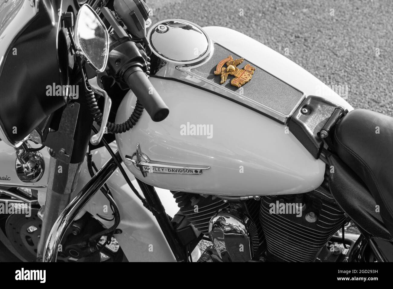 Harley Davidson logo on Harley Davidson motorbike at Bike Night, Poole Quay, Dorset UK in July Stock Photo