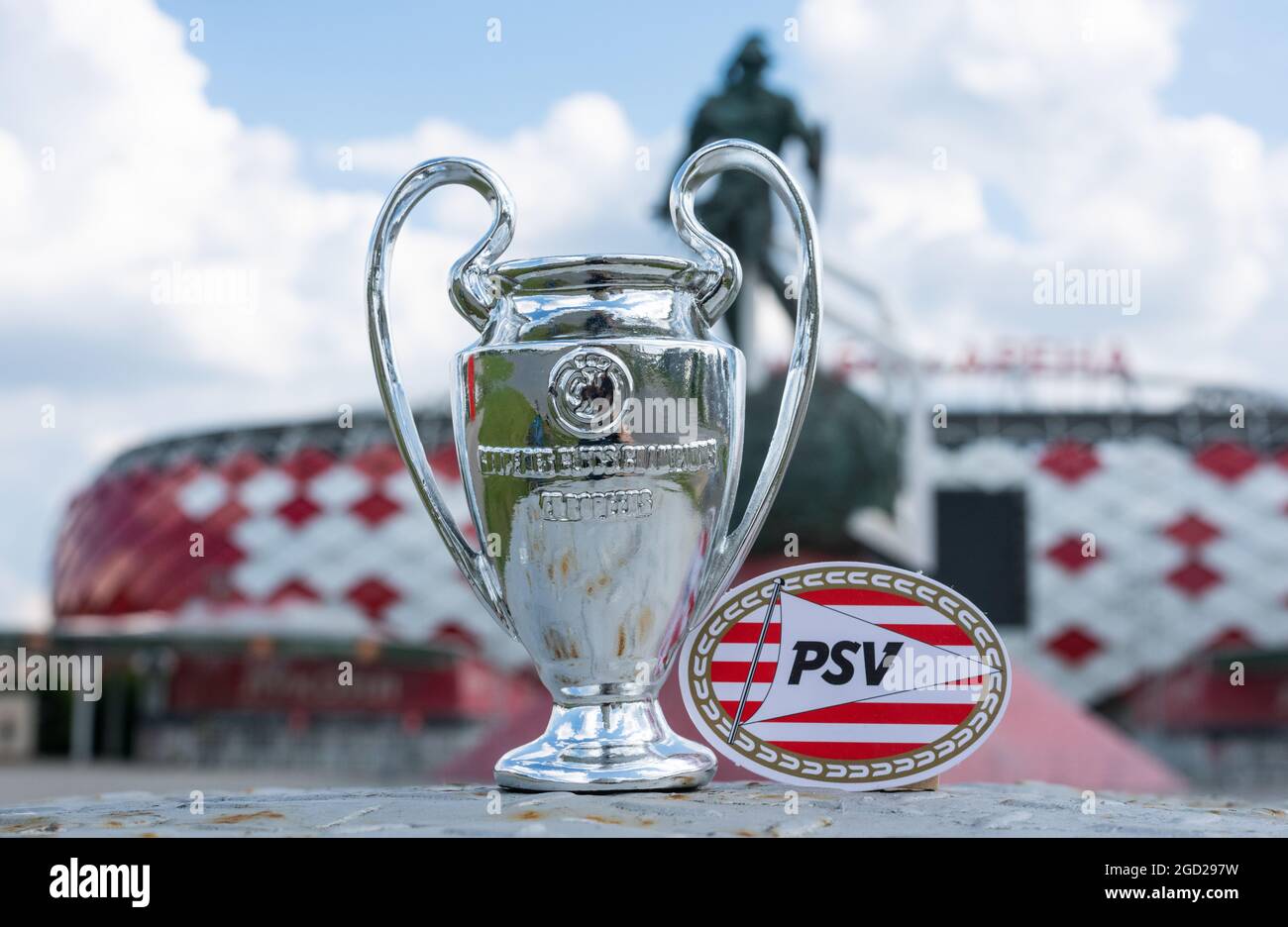June 14, 2021 Eindhoven, Netherlands. The emblem of the PSV Eindhoven football club against the background of a modern stadium. Stock Photo