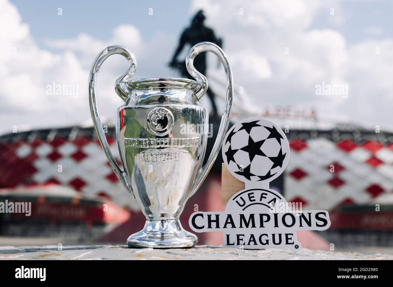 June 14 21 Moscow Russia Uefa Champions League Cup And Emblem In Front Of A Modern Stadium Stock Photo Alamy