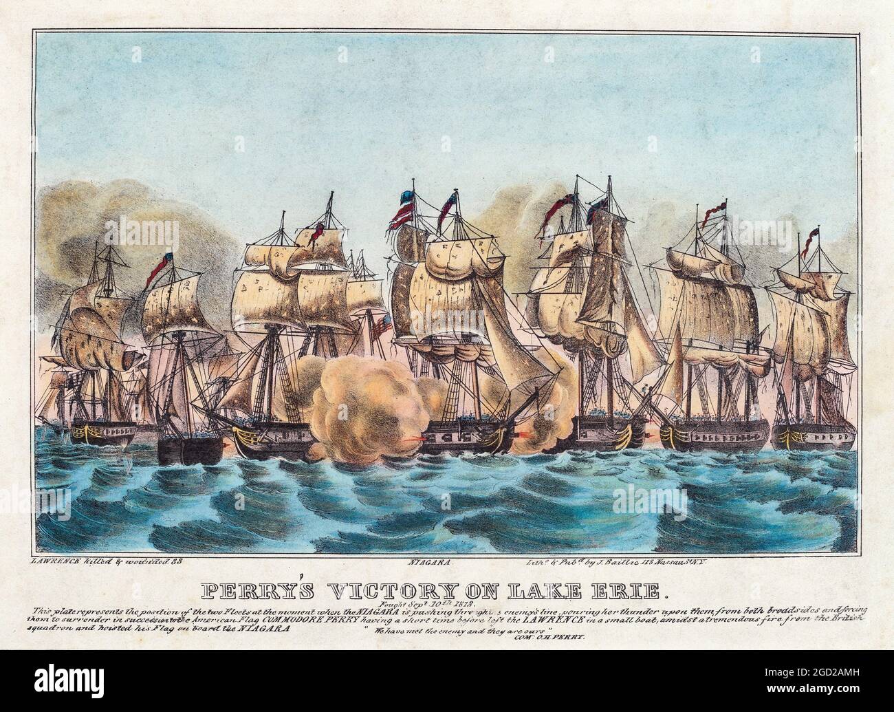 Perry's Victory on Lake Erie, by Napoleon Saronay. Hand colored lithograph. Stock Photo