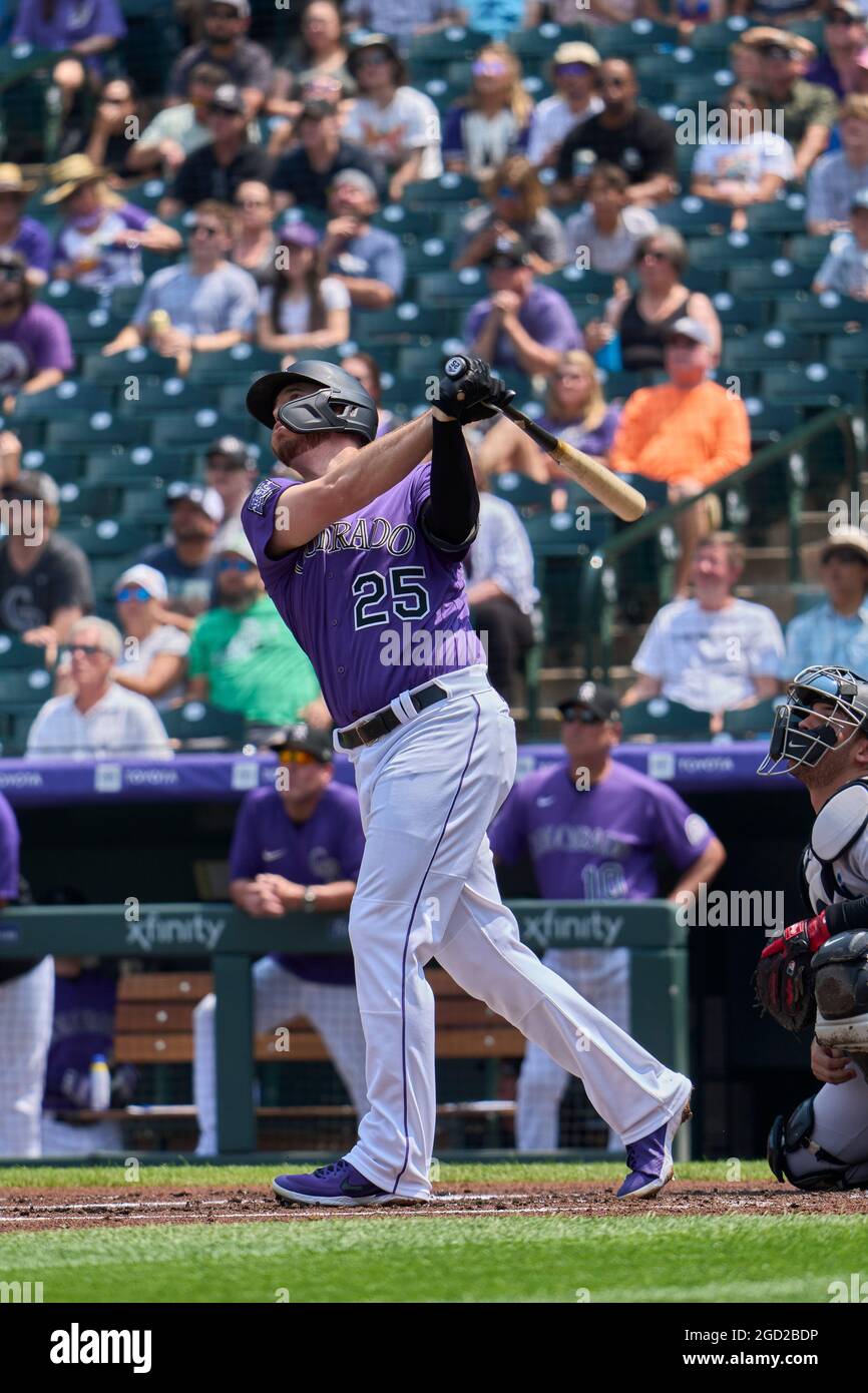 May 3 2022: Colorado first baseman C.J. Cron (25) gets a hit during the  game with Washington Nationals and Colorado Rockies held at Coors Field in  Denver Co. David Seelig/Cal Sport Medi(Credit