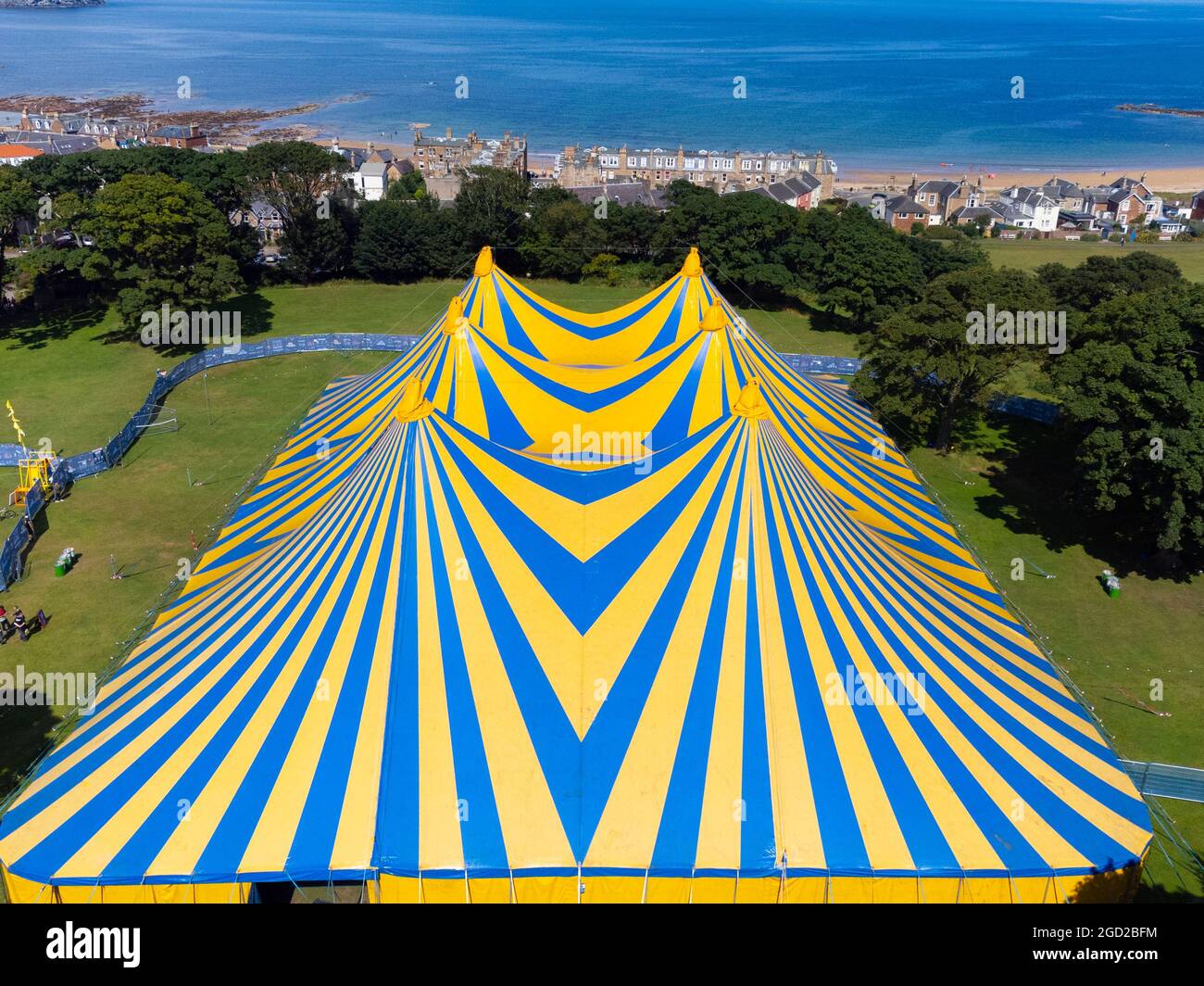 North Berwick, Scotland, UK. 10th August  2021. View of the Belhaven Big Top a venue of the Fringe by the Sea festival in North Berwick, East Lothian. The festival runs until 15th August.  Iain Masterton/Alamy Live news. Stock Photo