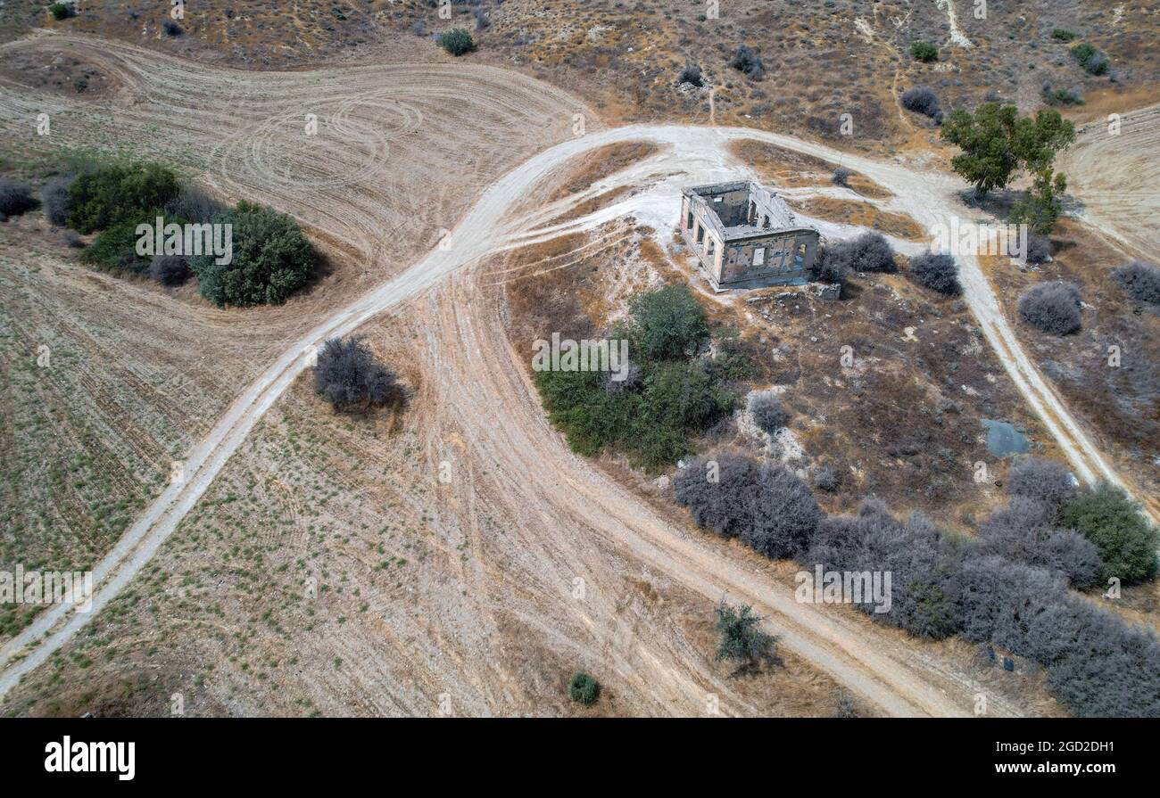 Aerial view drone photograph of an abandoned and deserted village with ...