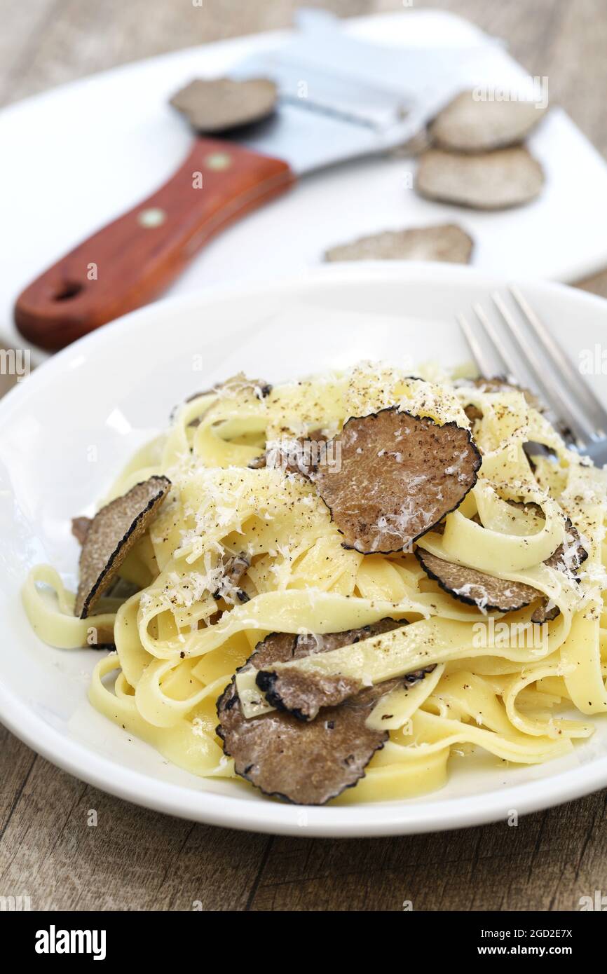 tagliatelle pasta with black truffle Stock Photo