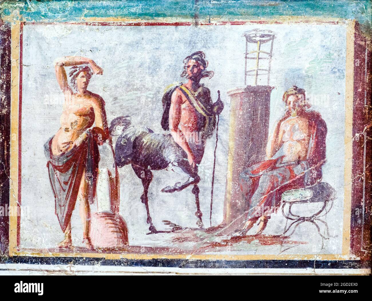 Apolo, Chiron and Asclepius The Centaur Chiron, inventor of medicine and surgery, stands between Apollo, on the left, and Asclepius, on the right Fresco Pompeii, Insula Occidentalis Second half of the 1st century BC Stock Photo