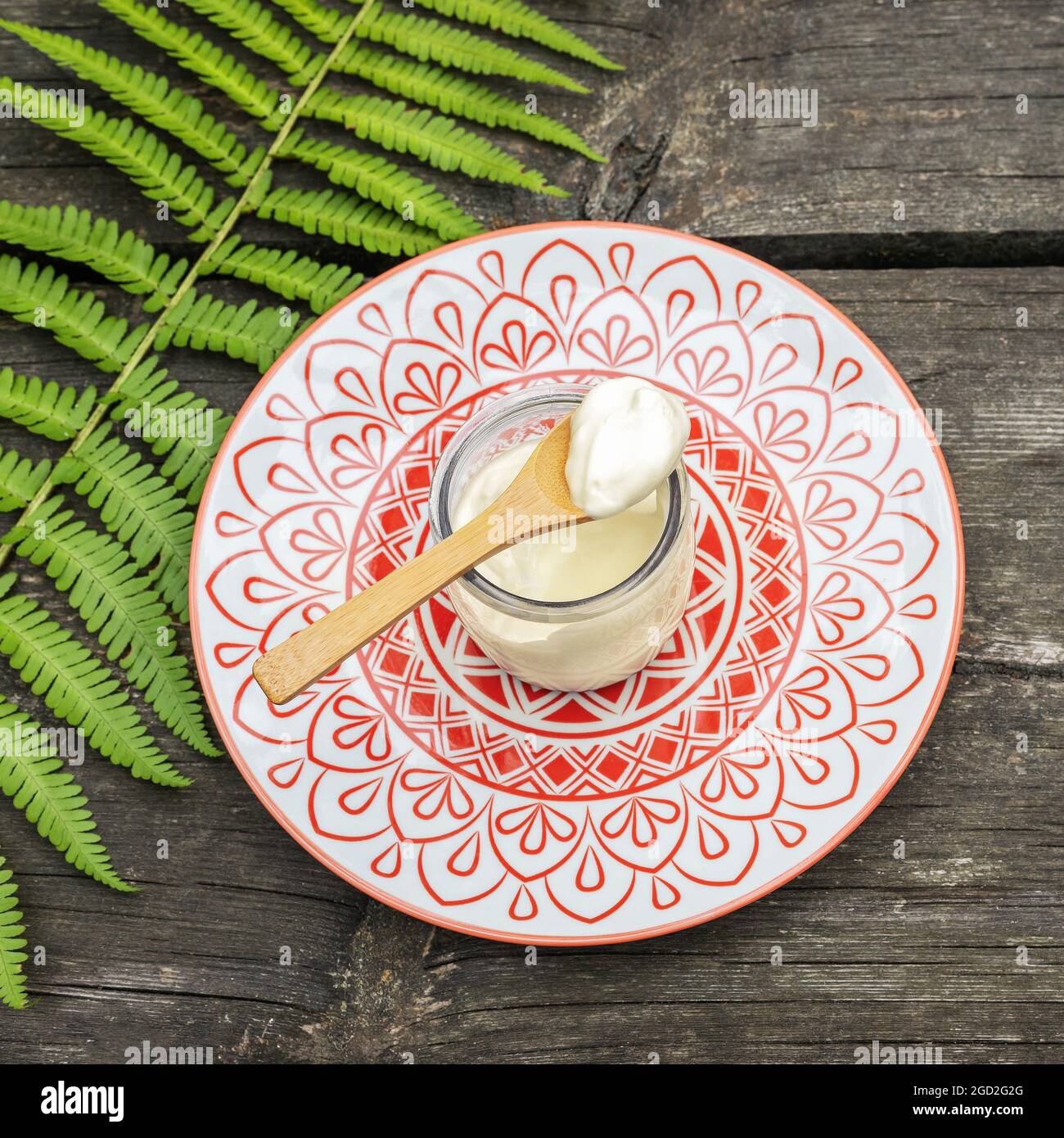 Eco friendly, food composition with organic, vegan, homemade yogurt with wooden spoon and fern leave on a wooden table. Dairy-free yogurt. Product for Stock Photo