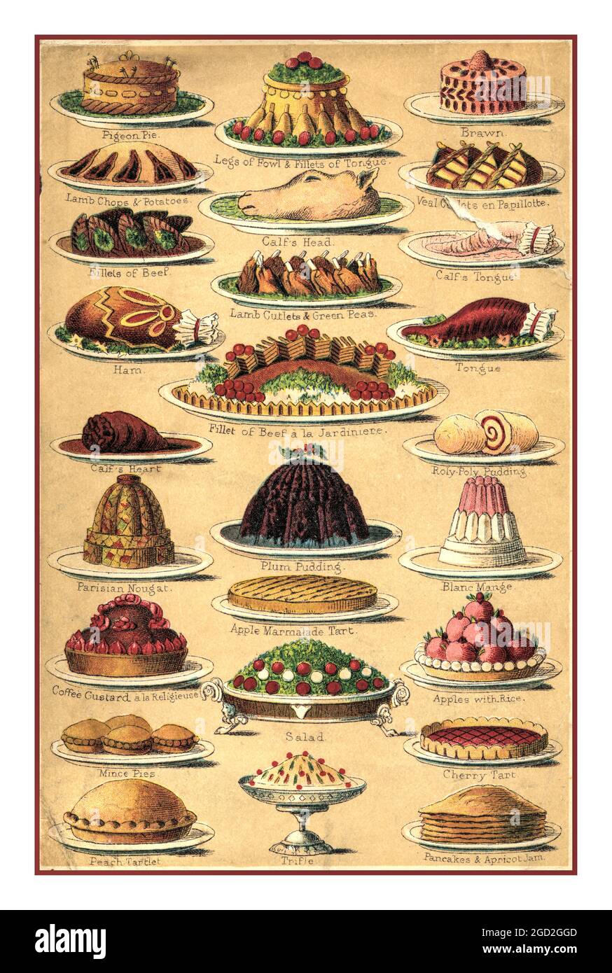 1890's Colour lithograph from Mrs Beetons Cookery Book illustrating variety of Christmas entertaining Victorian foods including Pies Puddings and Meats. Enhanced and remastered high resolution scan from original lithographic colour plate in 1890's Mrs Beeton's Cookery Book illustrating a variety of popular Victorian foodstuffs Stock Photo