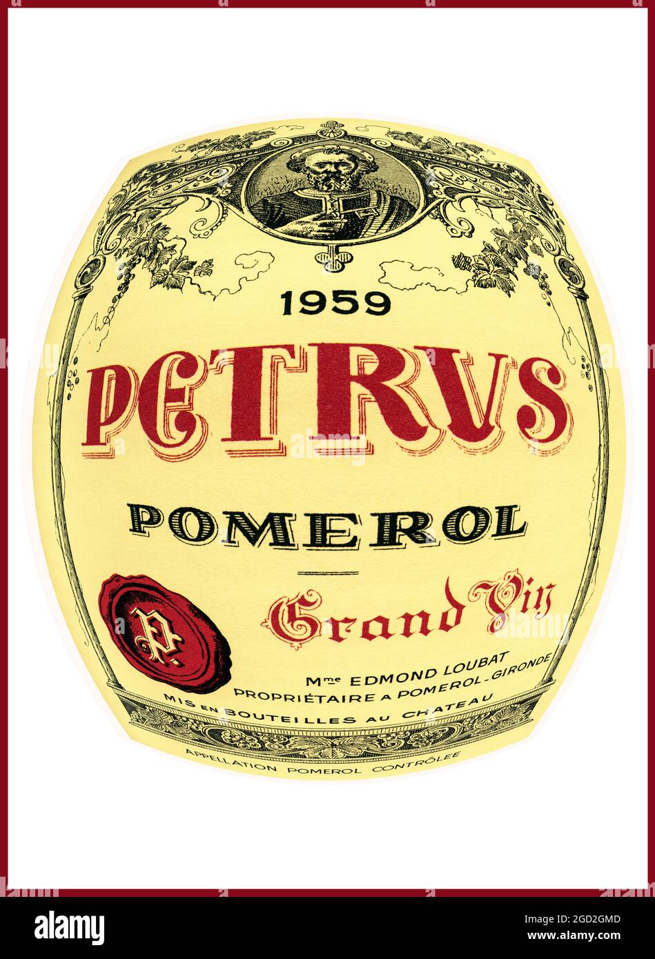 PETRUS Concept Bottle label of outstanding year 1959 Chateau Petrus Pomerol Grand Vin red wine Bordeaux France Stock Photo