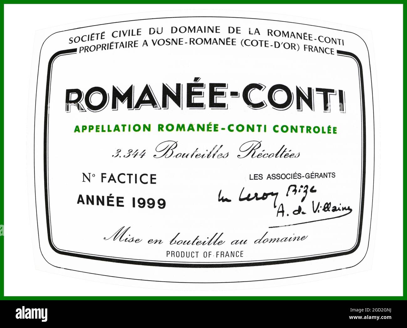 DRC 'ROMANEE-CONTI' 1999 Wine bottle label 'Domaine Romanée-Conti' the most rarefied and expensive Pinot Noir wine in the world Vosne Romanée Burgundy France Stock Photo