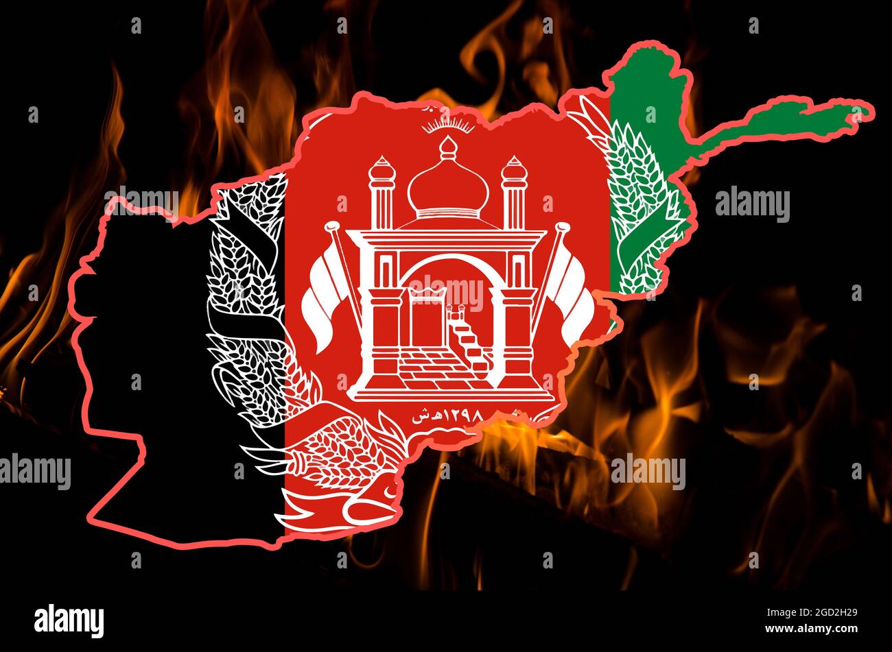 Afghanistan flag and outline map on the background of burning fire. Afghanistan problem concept. Stock Photo