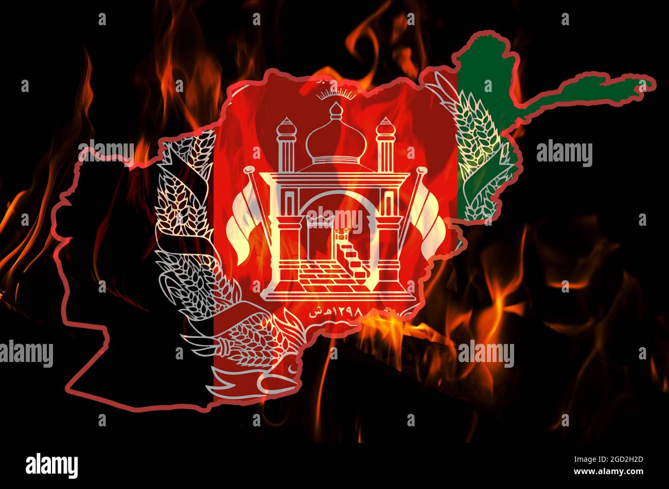 Afghanistan flag and outline map on the background of burning fire. Afghanistan problem concept. Stock Photo
