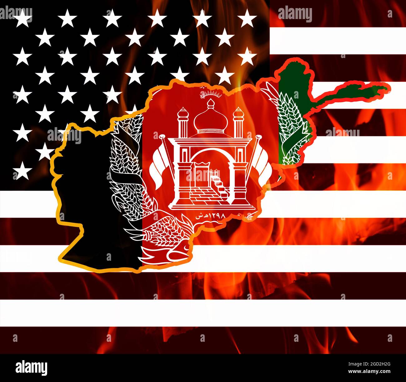 Afghanistan map and flag outline on fire against the background of the flag of the United States of America. The concept of problems in Afghanistan. Stock Photo