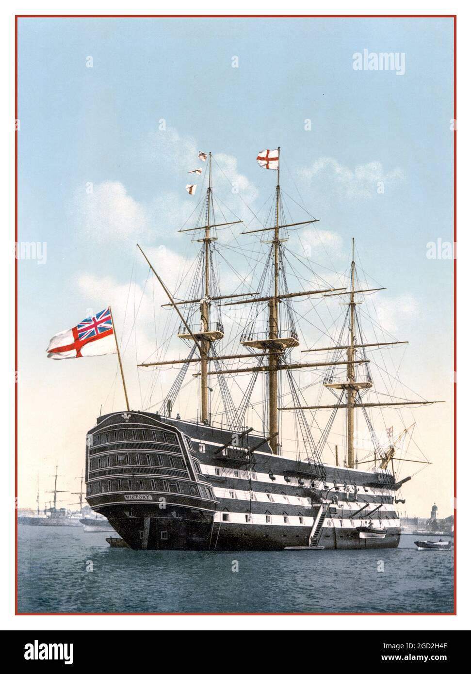 HMS Victory, an historic rare hand coloured photographic image of Nelson's flagship at sea moored at anchor in Portsmouth Harbour UK circa 1900 Stock Photo