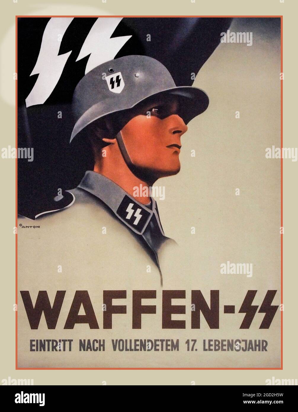 WAFFEN SS WW2 PROPAGANDA POSTER 1940's German wartime propaganda recruitment poster for the notorious brutal Nazi Waffen SS German recruitment poster, printed by Obpacher AG, Munich, 1940 (colour litho) Stock Photo