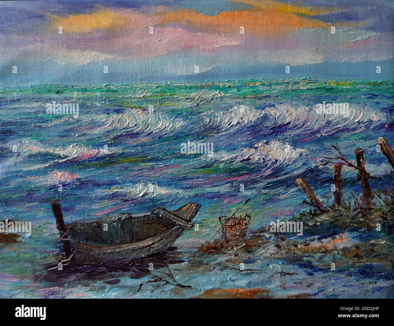 oil color painting art class , sea ,wave , boat  coast , seascape , sea , Beach , wave , view , seashore , seaboard , bay Stock Photo