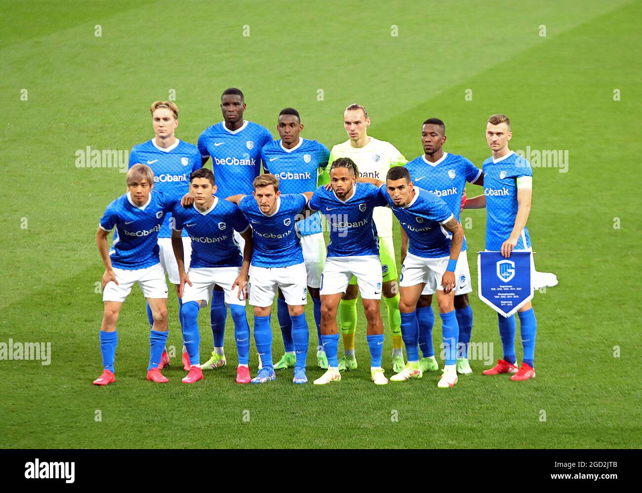 KYIV, UKRAINE - AUGUST 10, 2021 - Players of KRC Genk pose for a photo before the 2021-22 UEFA Champions League third qualifying round second leg game against FC Shakhtar Donetsk at the NSC Olimpiyskiy, Kyiv, capital of Ukraine. Stock Photo