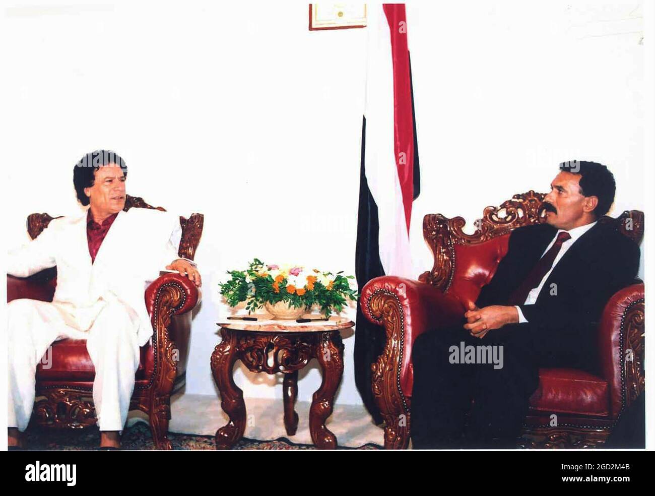 Mummar Qaddafi of Libya And Ali Abdullah Saleh in Sanna Yemen, May 30th 1990, right after the Unification of Yemen Stock Photo