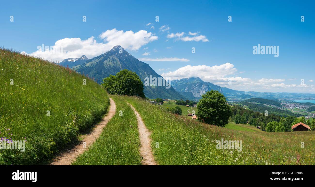 geography / travel, Switzerland, panorama with view to the mount Niesen and towards the Lake Thun, ADDITIONAL-RIGHTS-CLEARANCE-INFO-NOT-AVAILABLE Stock Photo