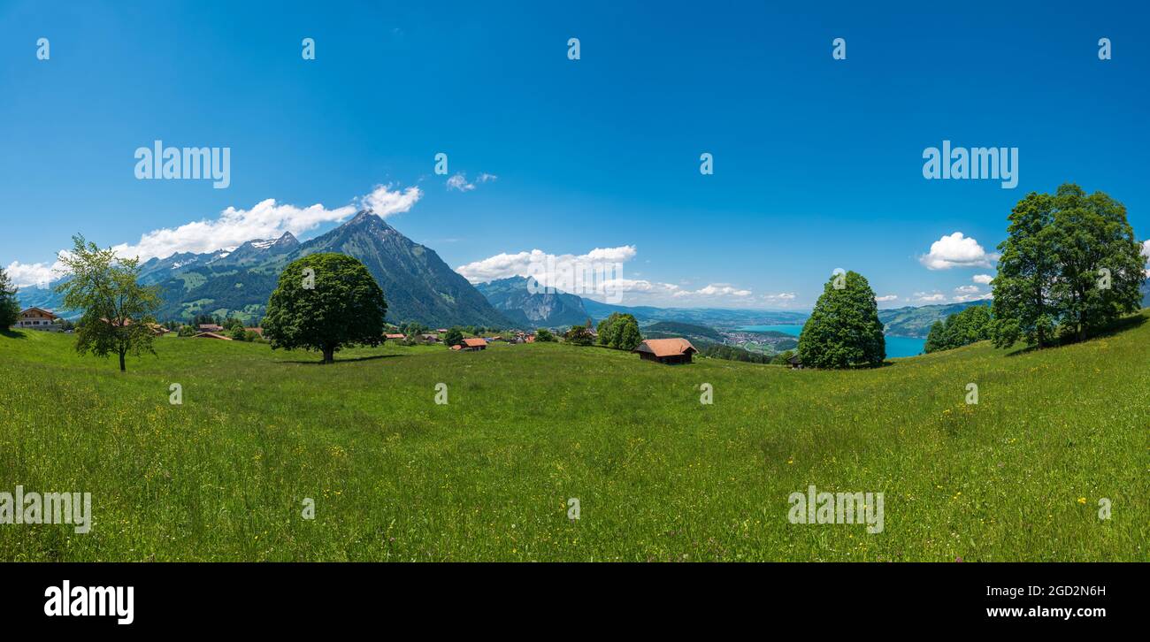 geography / travel, Switzerland, panorama with view to the mount Niesen and towards the Lake Thun, ADDITIONAL-RIGHTS-CLEARANCE-INFO-NOT-AVAILABLE Stock Photo