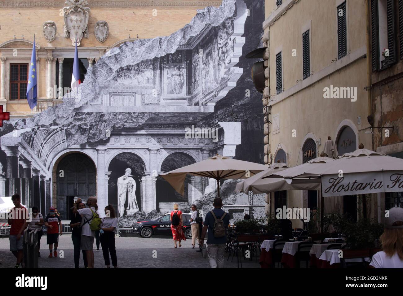 August 10, 2021 - Rome, Italy: On the facade of Palazzo Farnese on Rome ...