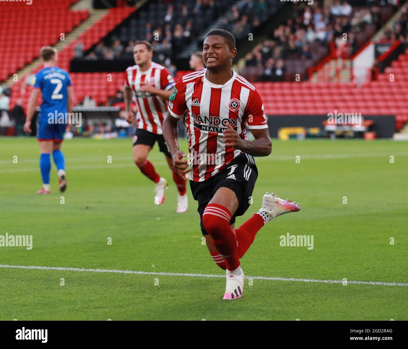 Sheffield, England, 10th August 2021. Rhian Brewster of Sheffield Utd  celebrates scoring his first goal  during the Carabao Cup match at Bramall Lane, Sheffield. Picture credit should read: Simon Bellis / Sportimage Stock Photo