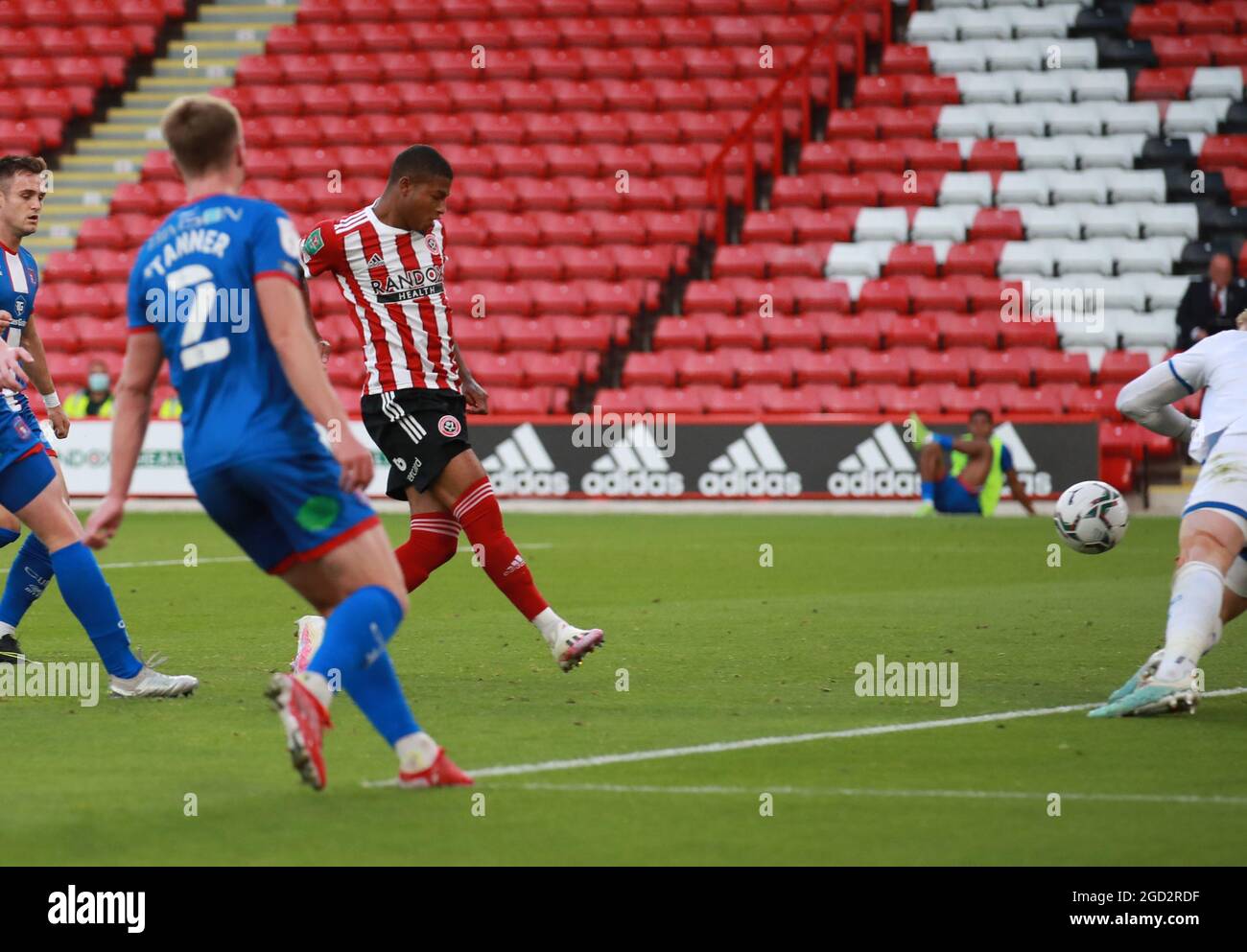 Sheffield, England, 10th August 2021. Rhian Brewster of Sheffield Utd scoring his first goal during the Carabao Cup match at Bramall Lane, Sheffield. Picture credit should read: Simon Bellis / Sportimage Stock Photo