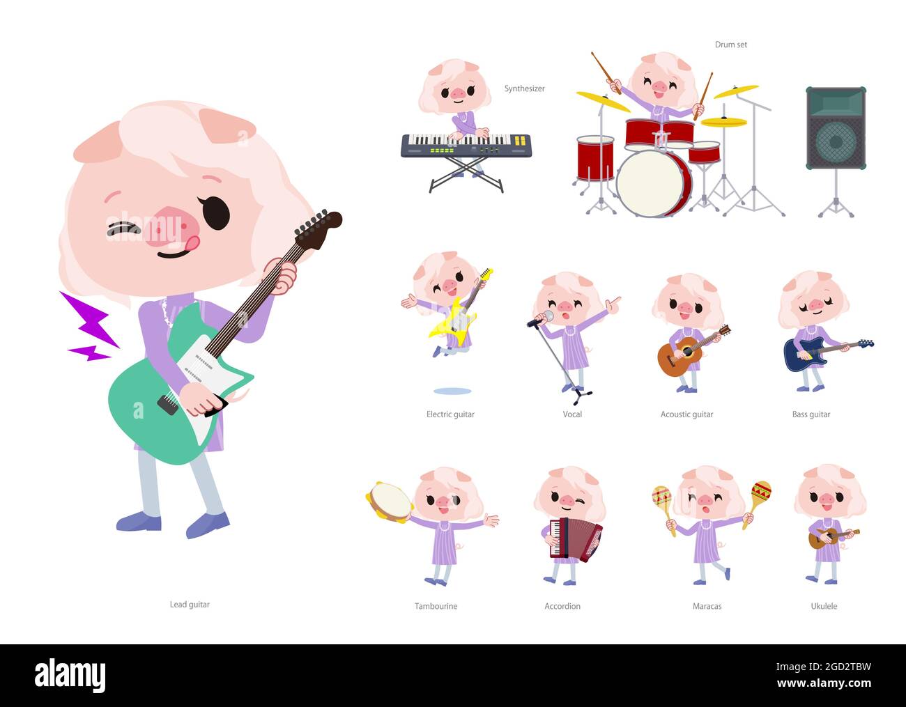 A set of Pig girl playing rock 'n' roll and pop music.It's vector art so it's easy to edit. Stock Vector