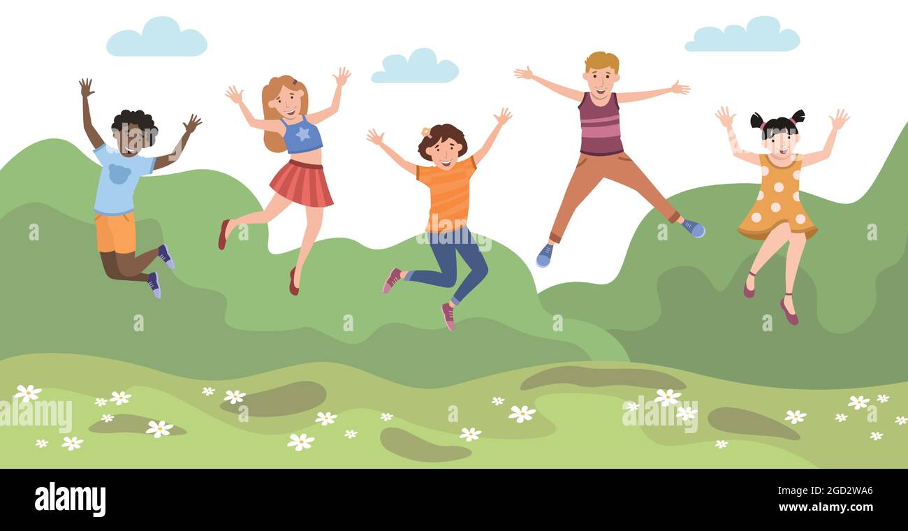 Five happy children jumping for joy on the background of mountains ...