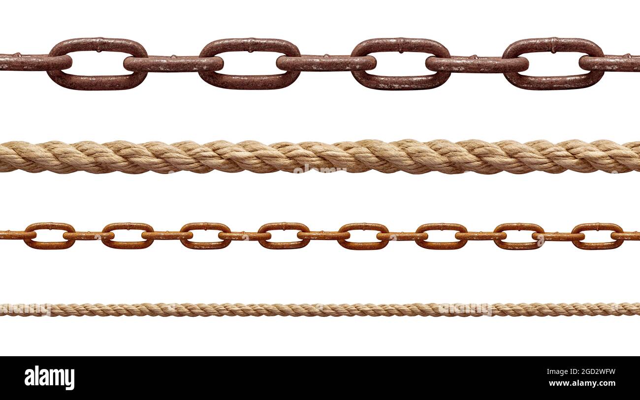 collection of various rope and chain on white background. each one is ...