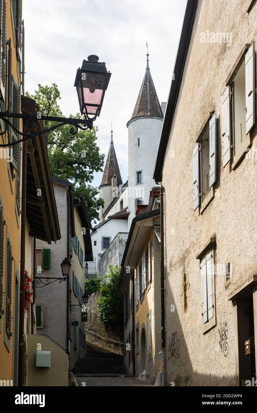 Nyon, Switzelrand - July 10th 2021: Historic buildings and the castle in the city centre Stock Photo