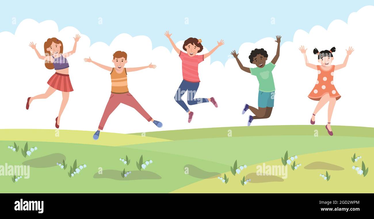 Five happy children jumping for joy on a green lawn - Vector ...