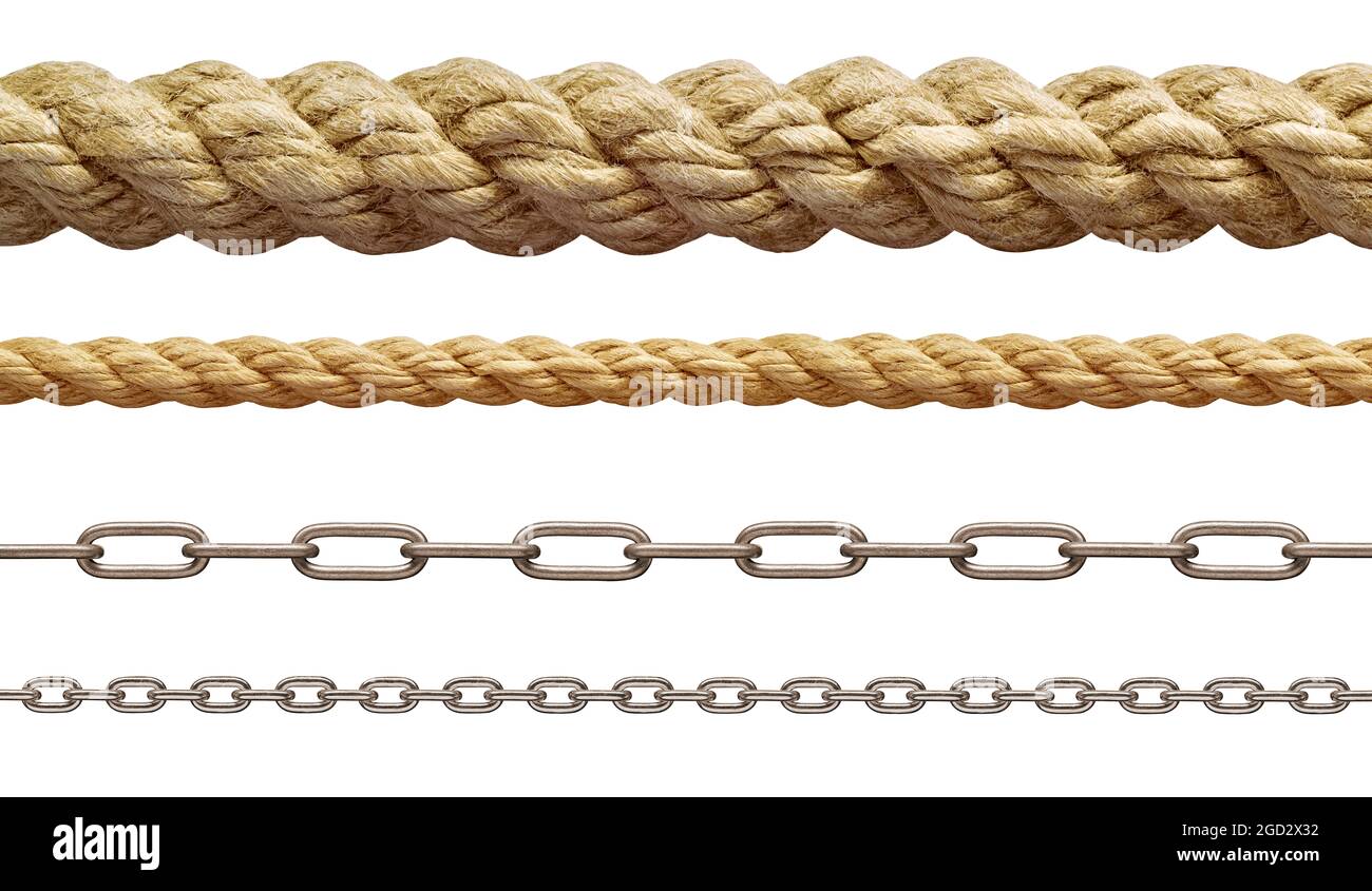 collection of various rope and chain on white background. each one is ...