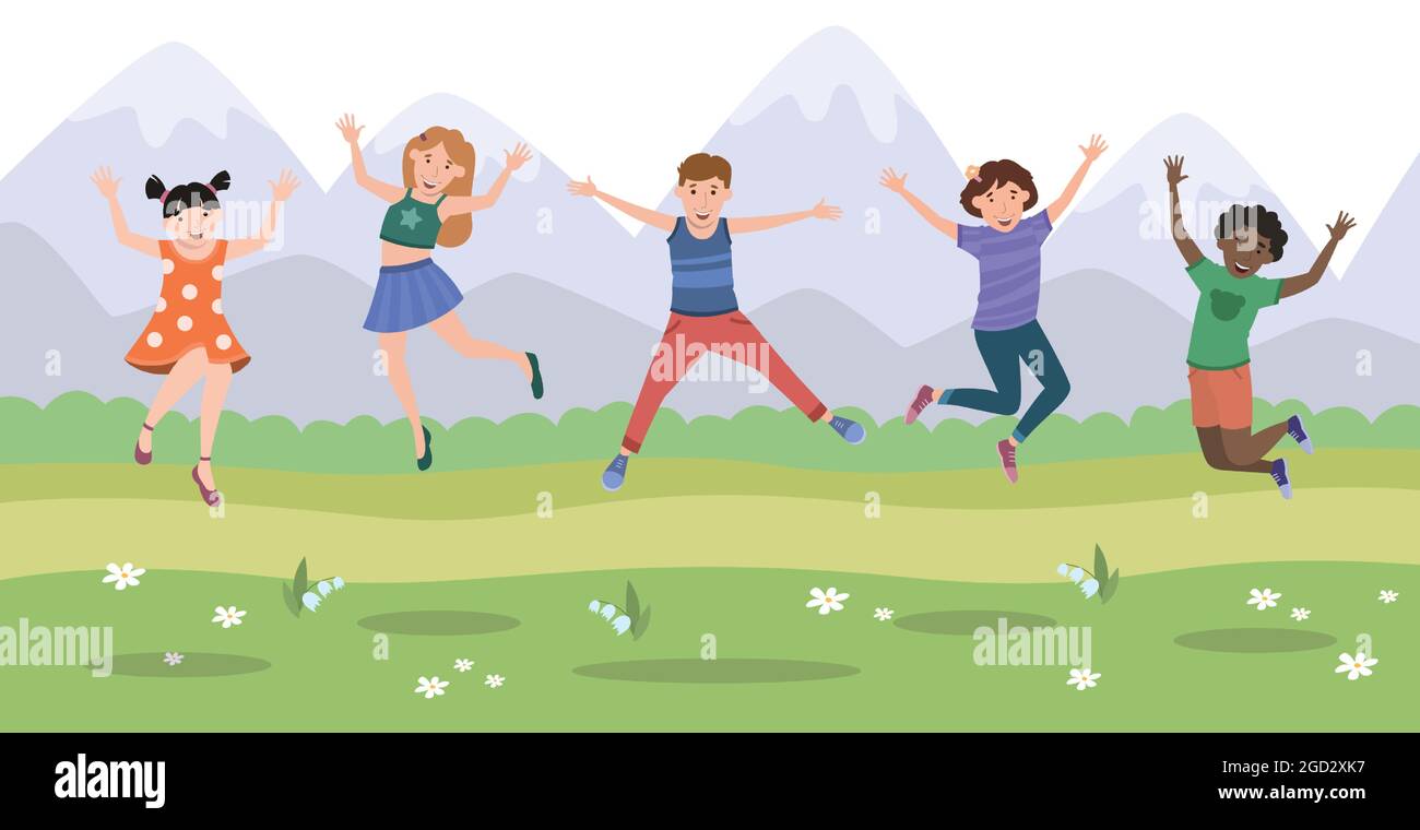 Five happy children jumping for joy on the background of mountains ...