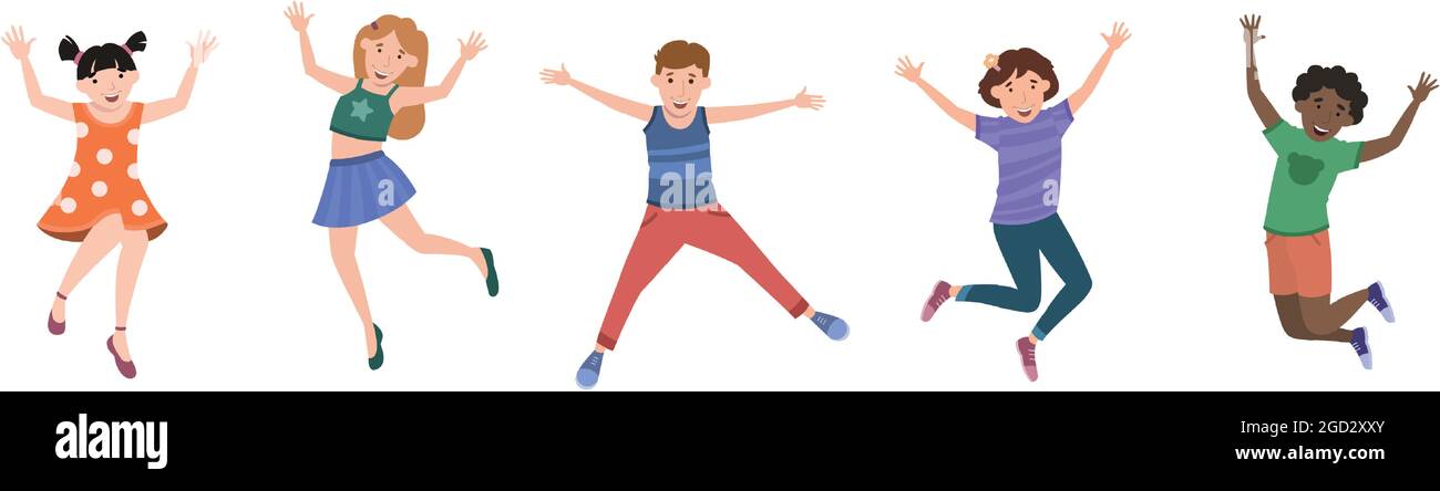 Five happy children jumping for joy on a white background - Vector ...