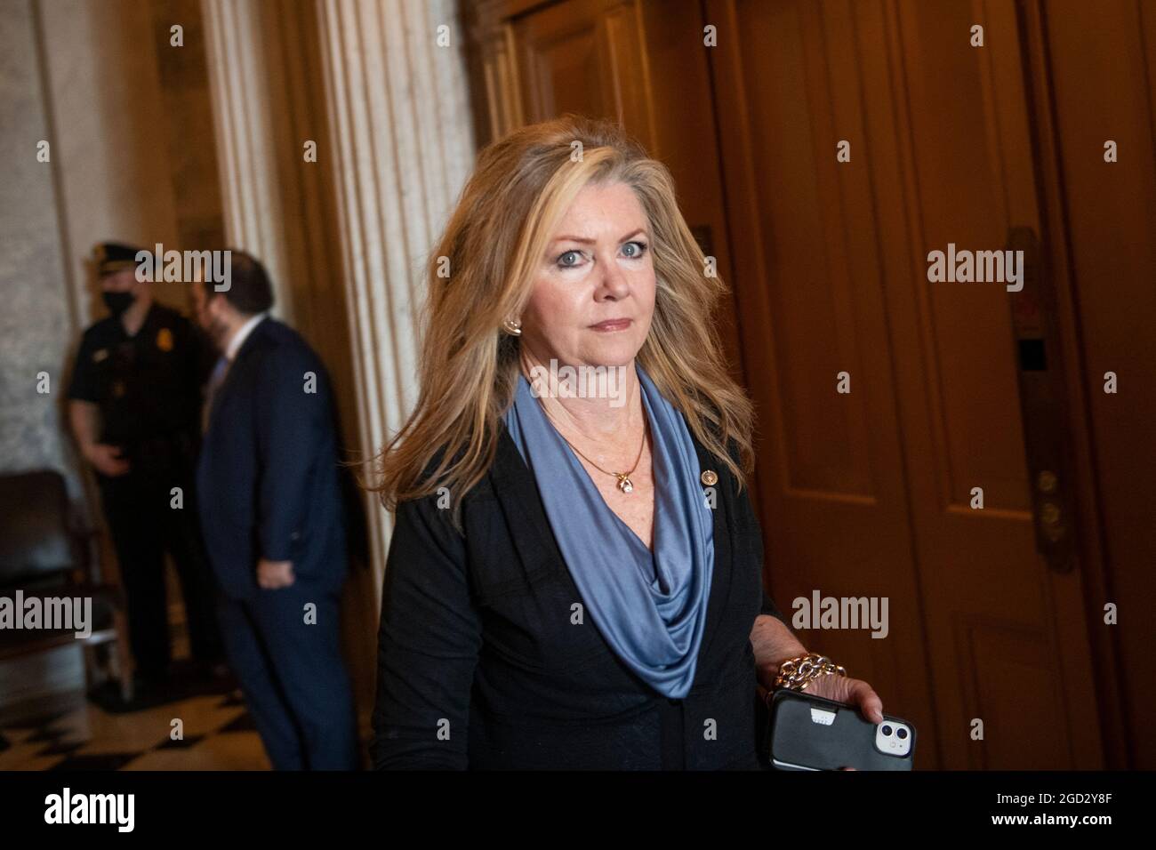 Washington, United States Of America. 10th Aug, 2021. United States Senator Marsha Blackburn (Republican of Tennessee) departs the Senate chamber during a vote at the US Capitol in Washington, DC, Tuesday, August 10, 2021. The Senate is expected to vote today on final passage of the bipartisan $1 trillion H.R. 3684, Infrastructure Investment and Jobs Act. the Credit: Rod Lamkey/CNP/Sipa USA Credit: Sipa USA/Alamy Live News Stock Photo