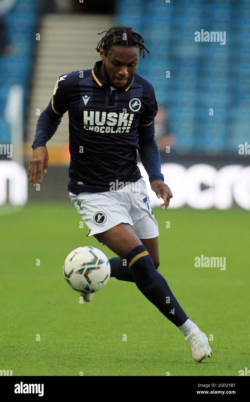 London, UK. 10th Aug, 2021. Mahlon Romeo of Millwall in action during the game. Carabao cup 1st round match, Millwall v Portsmouth at the Den in London on Tuesday 10th August 2021. this image may only be used for Editorial purposes. Editorial use only, license required for commercial use. No use in betting, games or a single club/league/player publications. pic by Steffan Bowen/Andrew Orchard sports photography/Alamy Live news Credit: Andrew Orchard sports photography/Alamy Live News Stock Photo