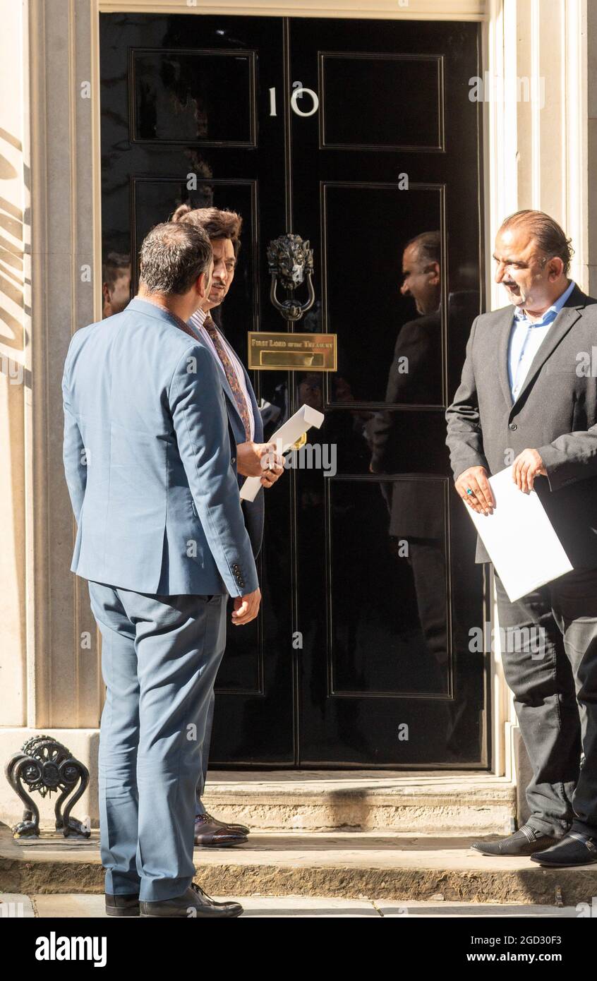 London, UK. 10th Aug, 2021. A delegation from the UK Pakistan Business Council took a petition to Boris Johnson in Downing Street, protesting about Pakistan being kept on the 'red list' when other surrounding countries have been moved off the red list. Credit: Ian Davidson/Alamy Live News Stock Photo