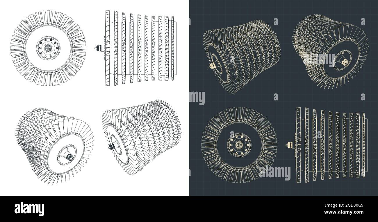 Stylized vector illustration of blueprints of jet engine compressor blades Stock Vector
