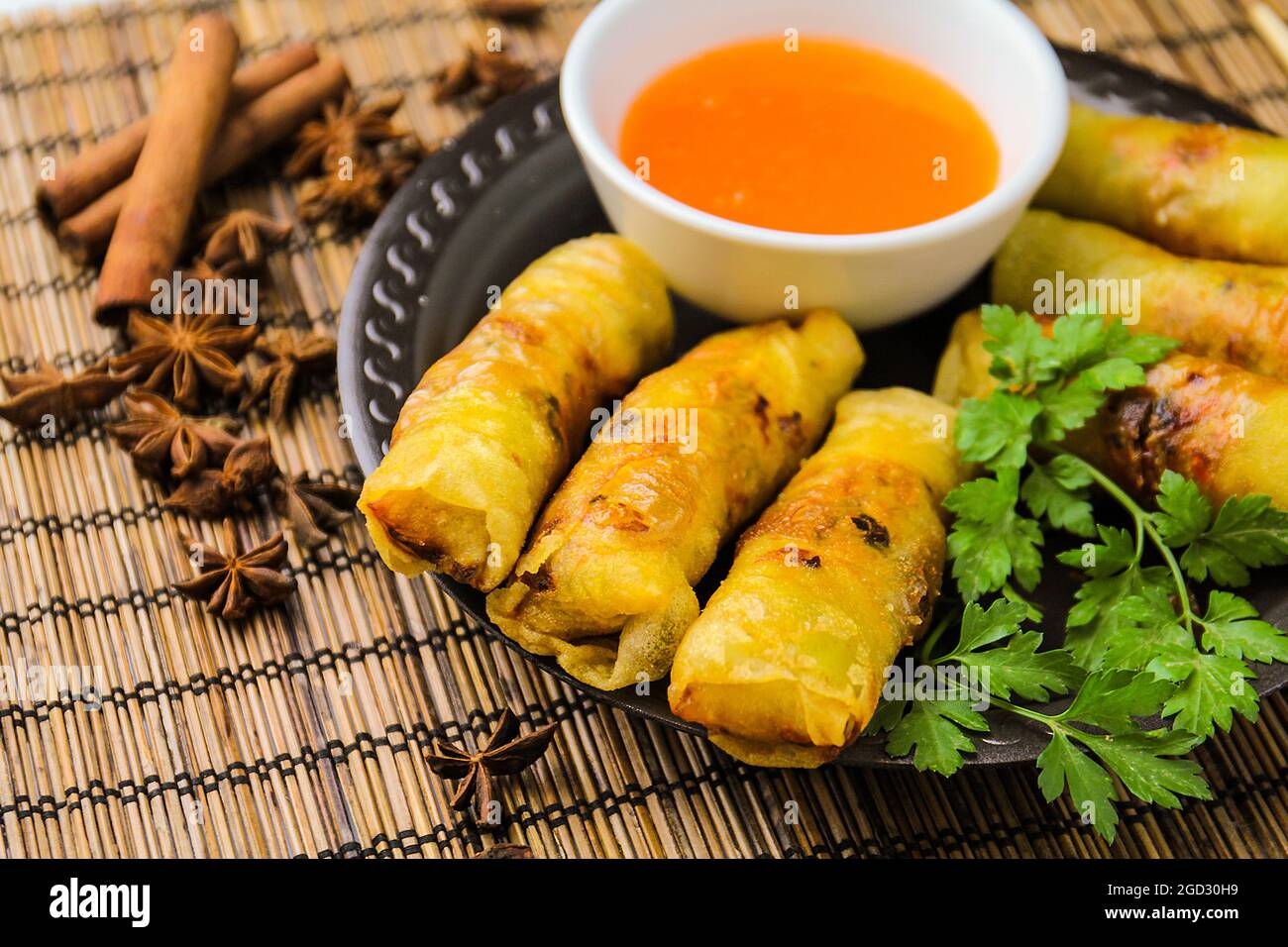 Spring rolls with sweet sauce, top view Stock Photo - Alamy