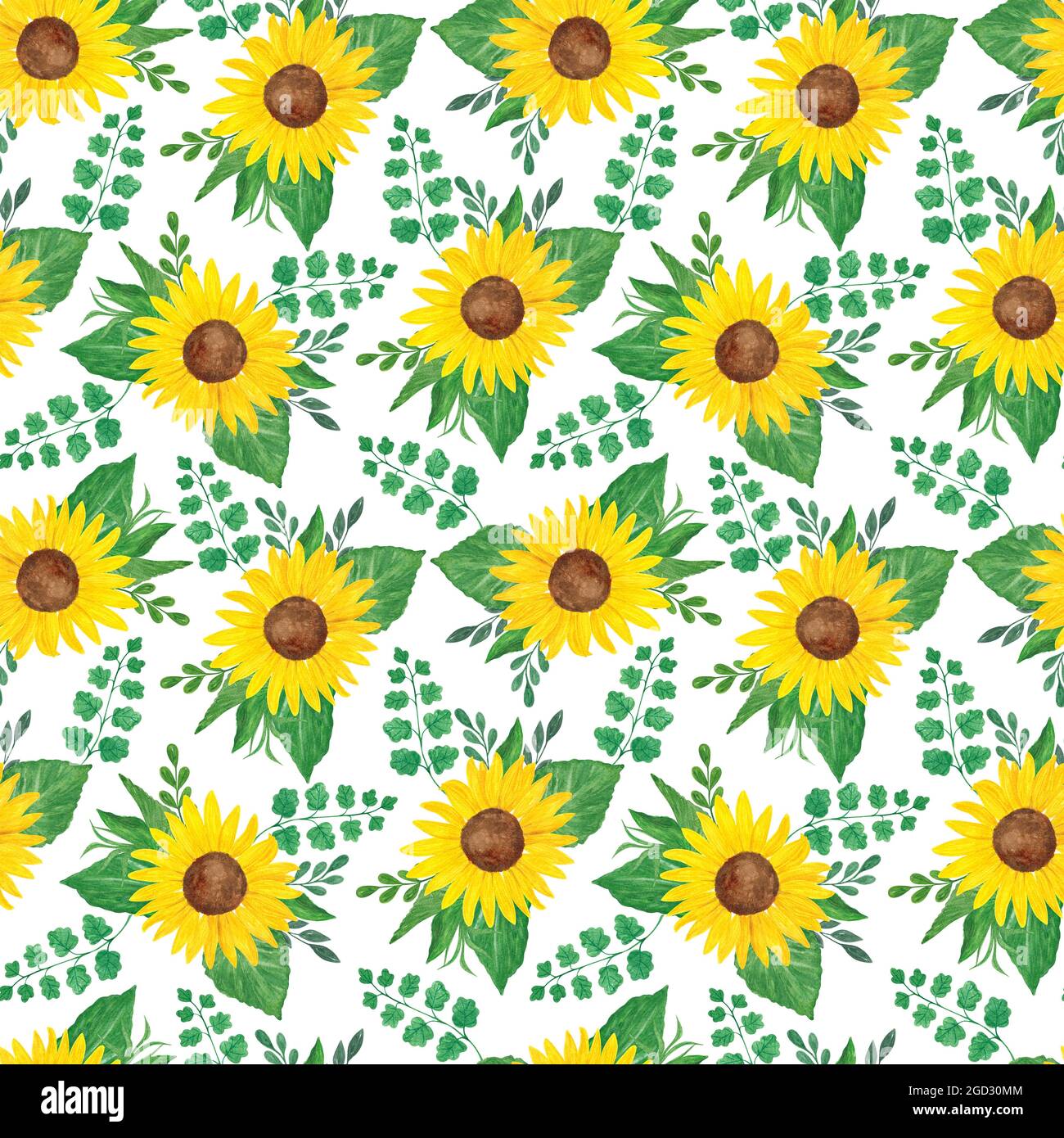 Yellow sunflowers and leaves floral arrangement seamless pattern, symbol of summer and harvest time period for textile, gift paper decor Stock Photo