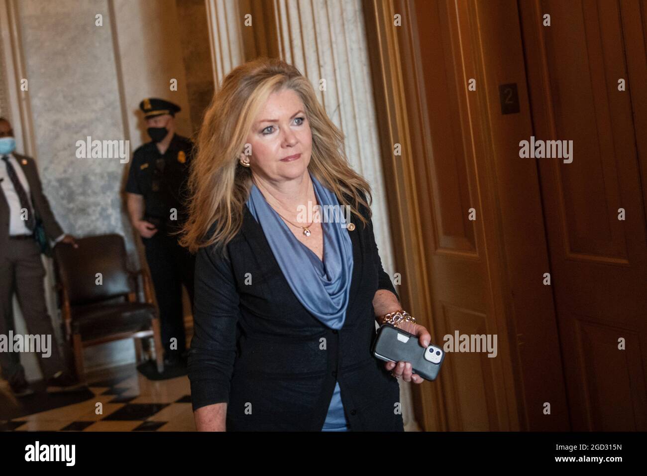 United States Senator Marsha Blackburn (Republican of Tennessee) departs the Senate chamber during a vote at the US Capitol in Washington, DC, Tuesday, August 10, 2021. The Senate is expected to vote today on final passage of the bipartisan $1 trillion H.R. 3684, Infrastructure Investment and Jobs Act. the Credit: Rod Lamkey/CNP Stock Photo