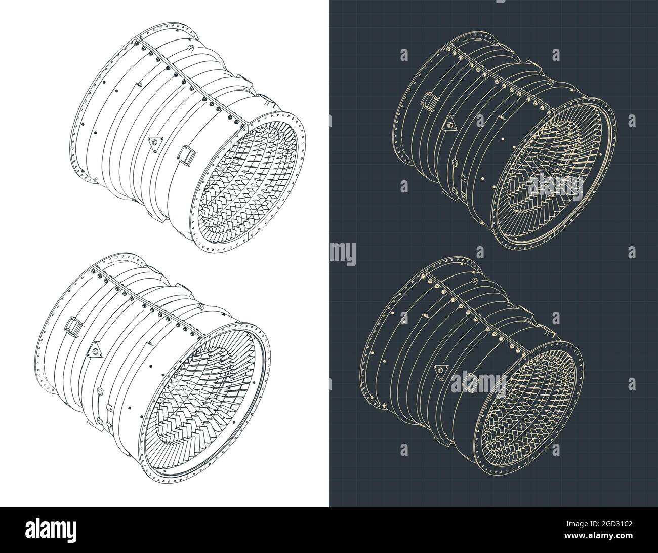 Stylized vector illustration of isometric blueprints of compressor ...