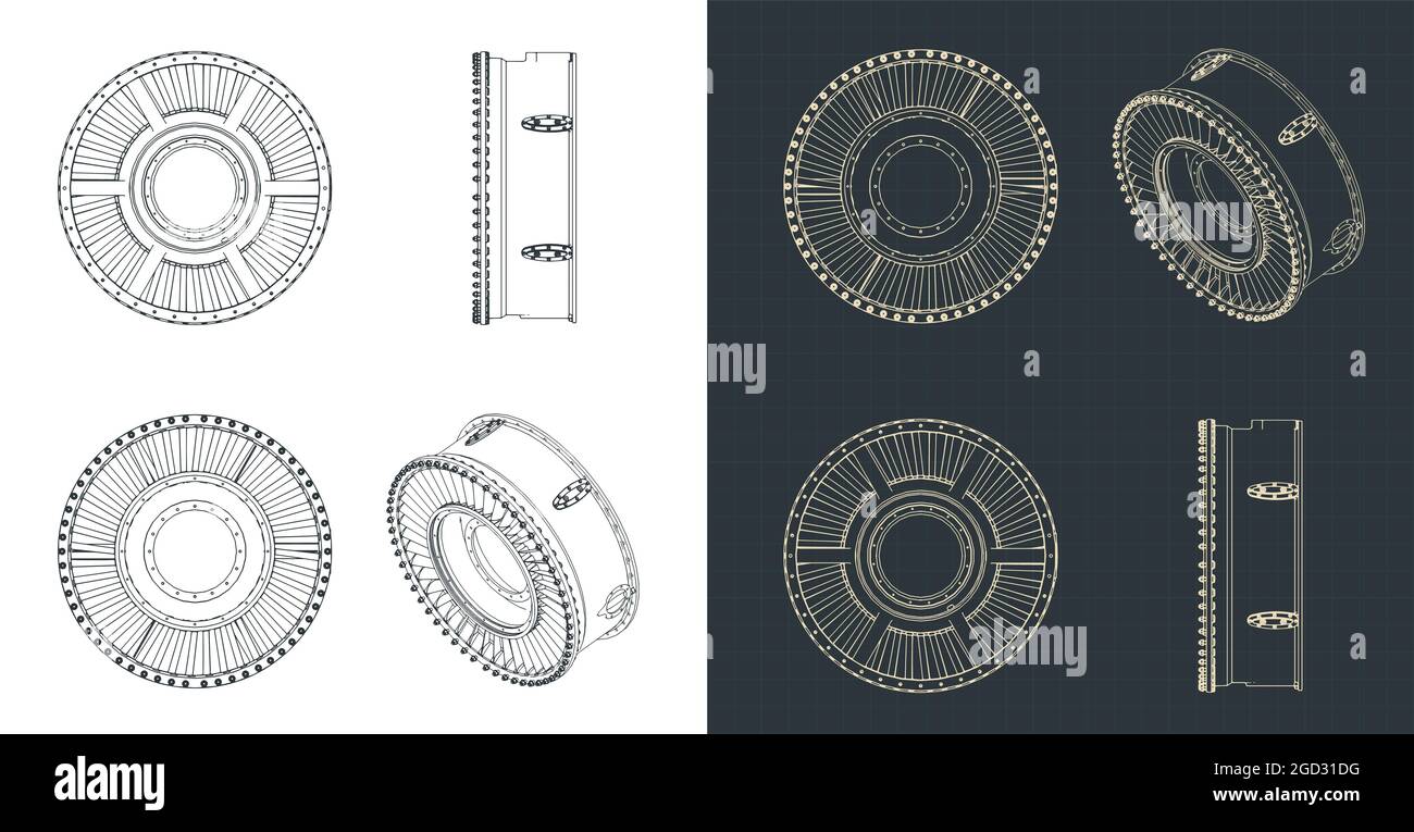 Stylized vector illustration of blueprints of jet engine intake casing ...