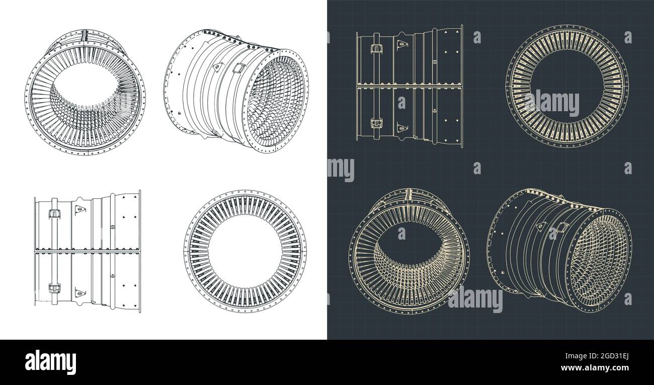 Stylized vector illustration of blueprints of compressor stator case ...