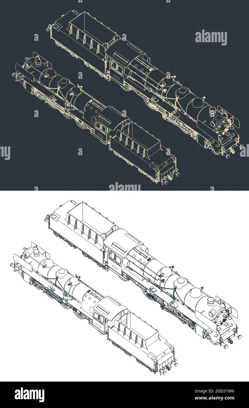 Stylized vector illustration of isometric blueprints of steam locomotive Stock Vector