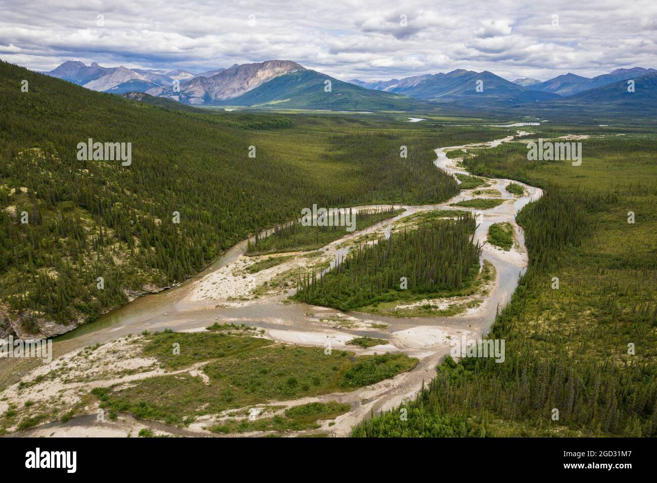 Aerial view of 60 mile creek in the remote Brooks Mountain Range looking east toward the John River Stock Photo