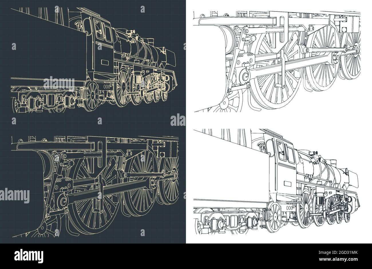 Stylized vector illustration of drawings of steam locomotive close-up Stock Vector
